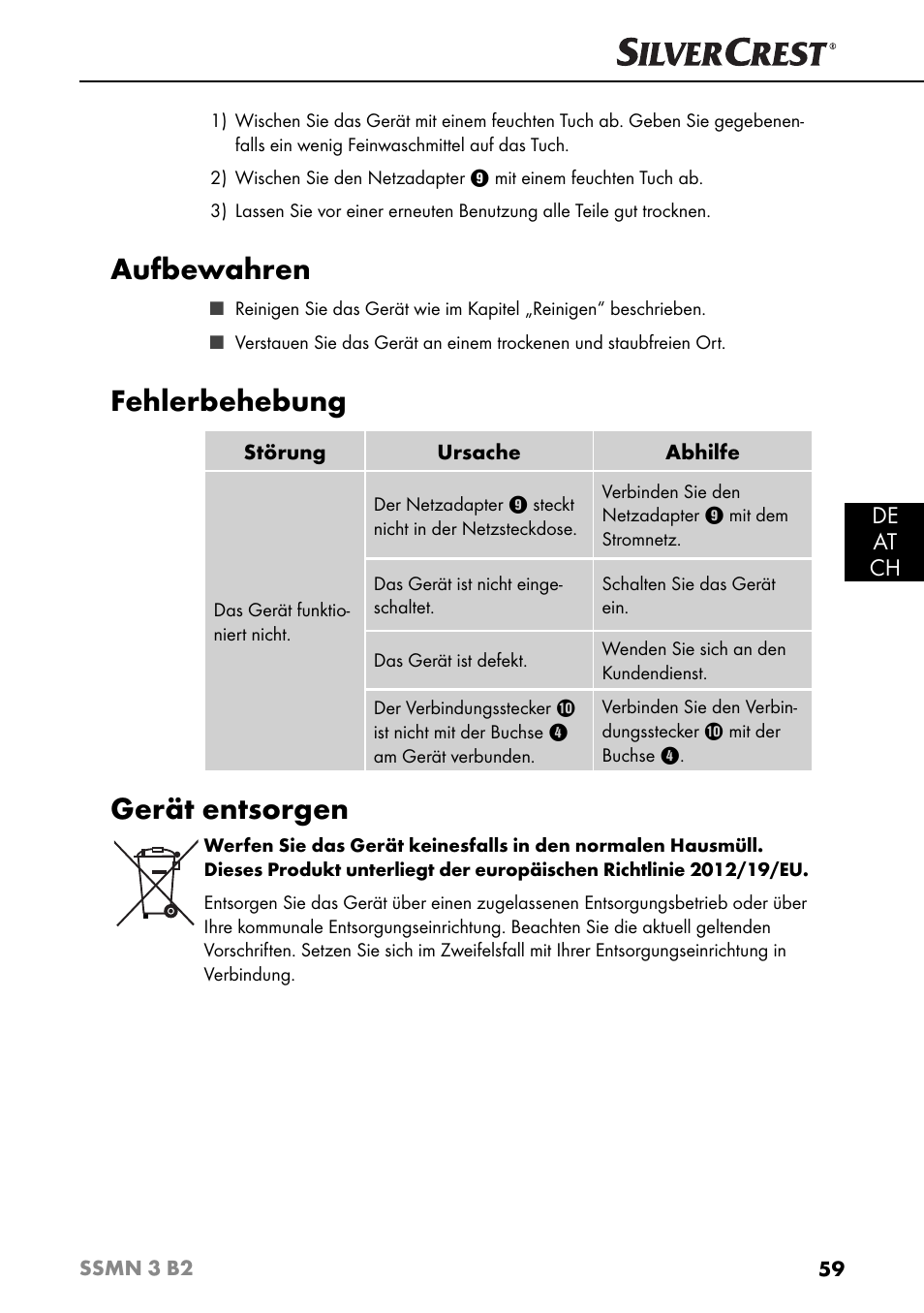 Aufbewahren, Fehlerbehebung, Gerät entsorgen | De at ch | Silvercrest SSMN 3 B2 User Manual | Page 62 / 65