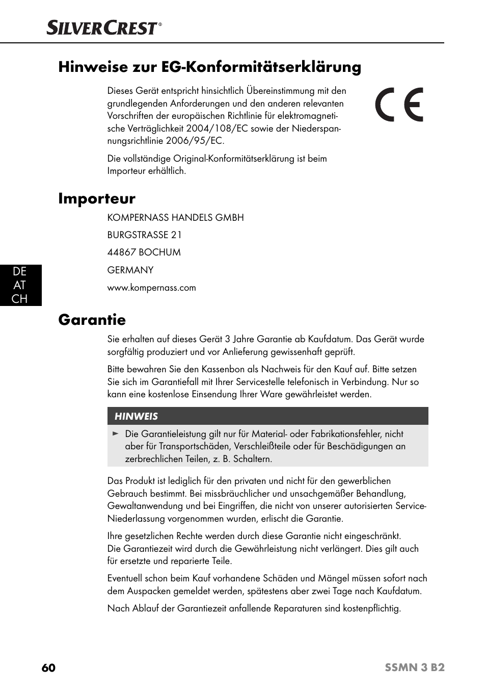 Hinweise zur eg-konformitätserklärung, Importeur, Garantie | De at ch | Silvercrest SSMN 3 B2 User Manual | Page 63 / 65