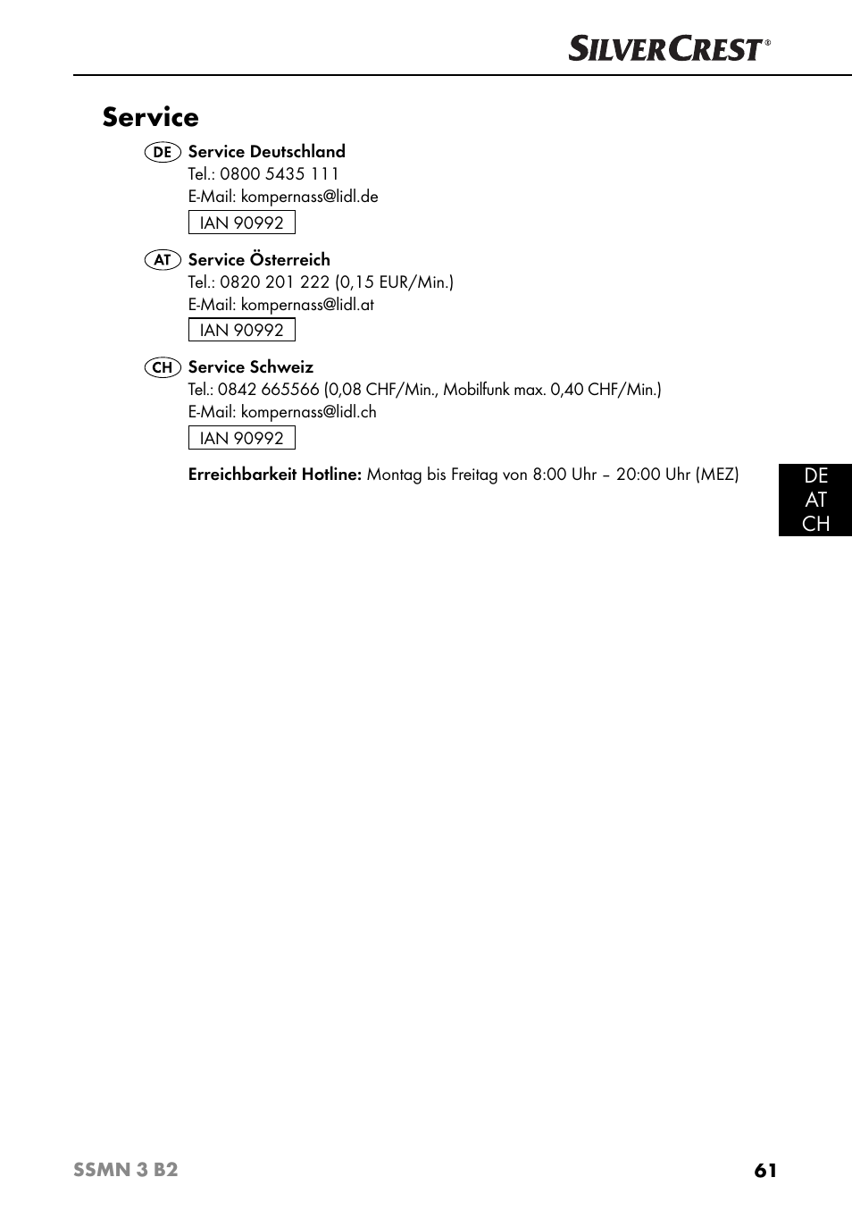 Service, De at ch | Silvercrest SSMN 3 B2 User Manual | Page 64 / 65