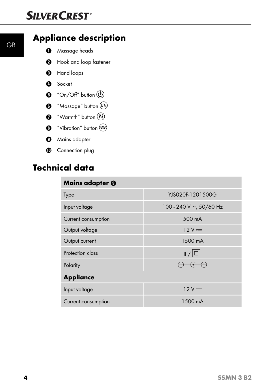 Appliance description, Technical data | Silvercrest SSMN 3 B2 User Manual | Page 7 / 65