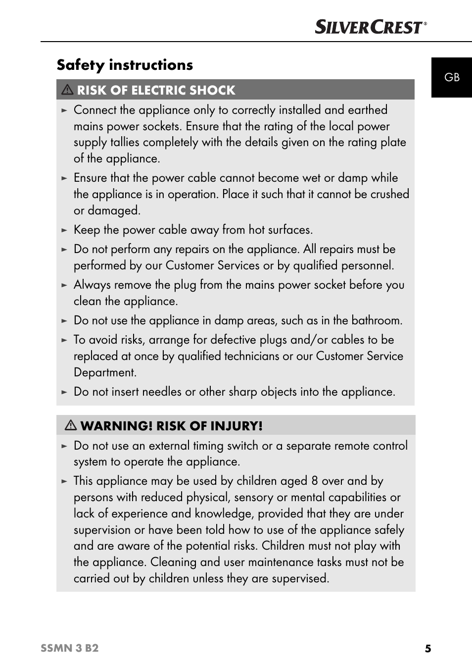 Safety instructions, Risk of electric shock, Keep the power cable away from hot surfaces | Silvercrest SSMN 3 B2 User Manual | Page 8 / 65