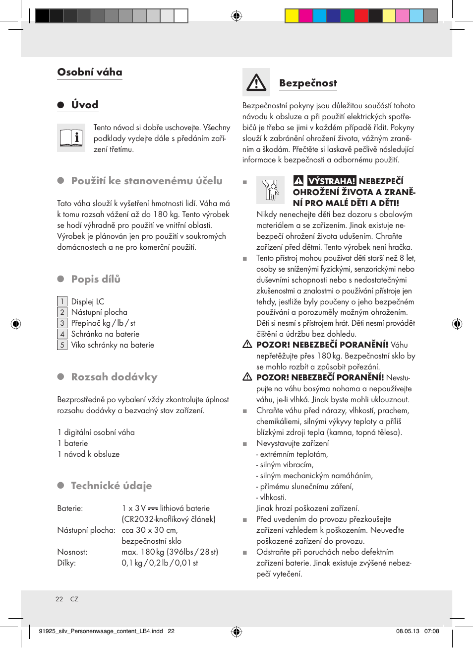 Osobní váha, Úvod, Použití ke stanovenému účelu | Popis dílů, Rozsah dodávky, Technické údaje, Bezpečnost | Silvercrest Z30936 User Manual | Page 22 / 34