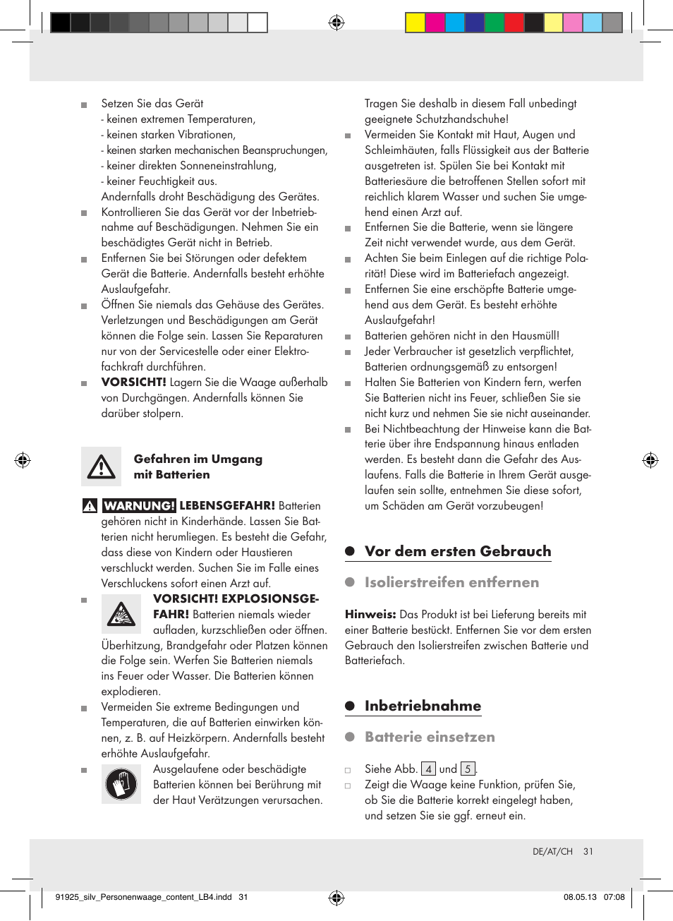 Vor dem ersten gebrauch, Isolierstreifen entfernen, Inbetriebnahme | Batterie einsetzen | Silvercrest Z30936 User Manual | Page 31 / 34