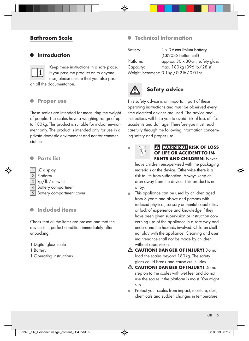 Bathroom scale, Introduction, Proper use | Parts list, Included items, Technical information, Safety advice | Silvercrest Z30936 User Manual | Page 5 / 34