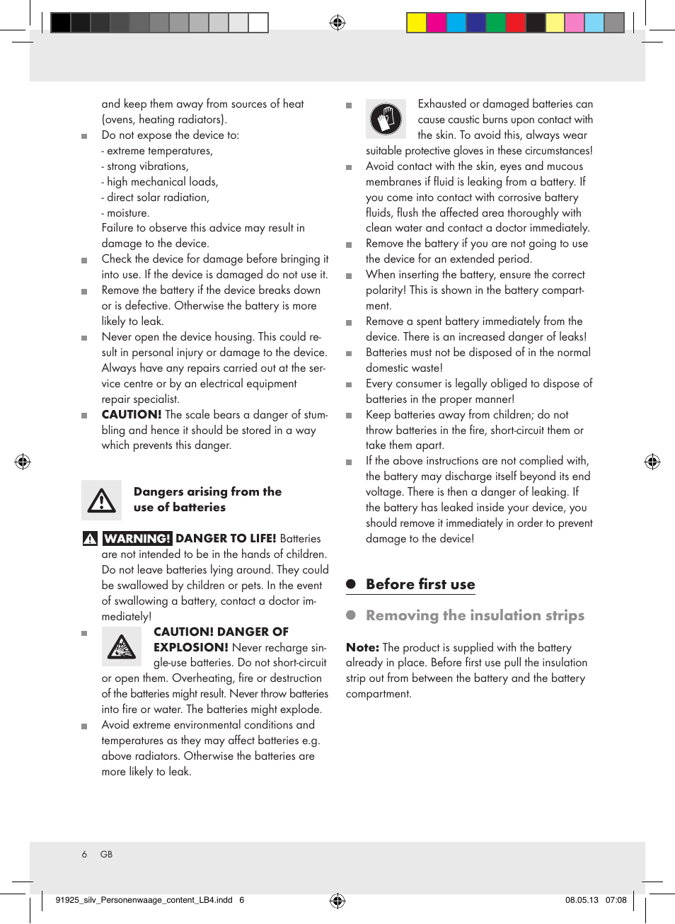 Before first use, Removing the insulation strips | Silvercrest Z30936 User Manual | Page 6 / 34