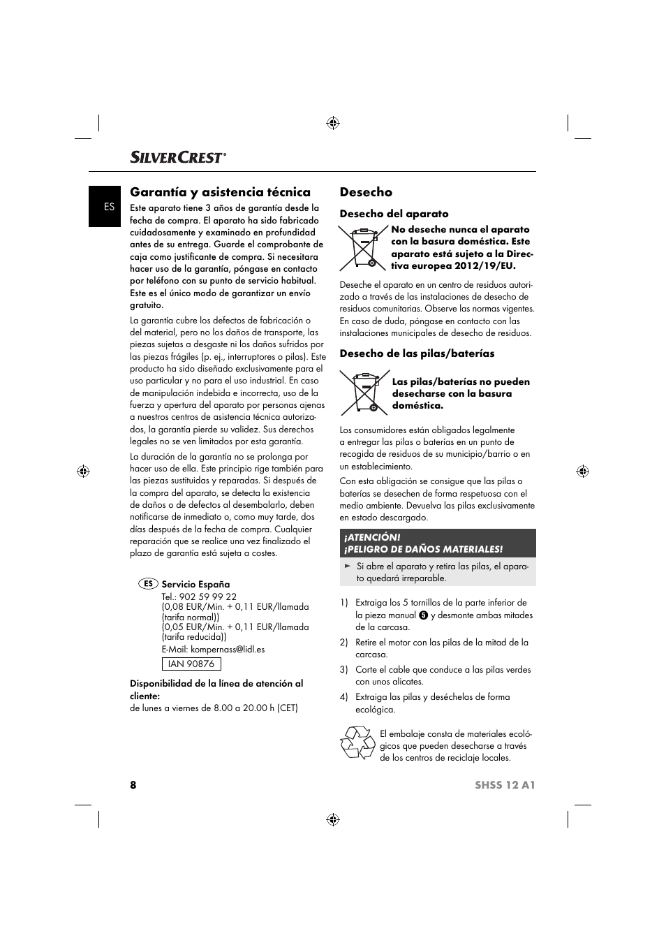 Garantía y asistencia técnica, Desecho | Silvercrest SHSS 12 A1 User Manual | Page 11 / 53