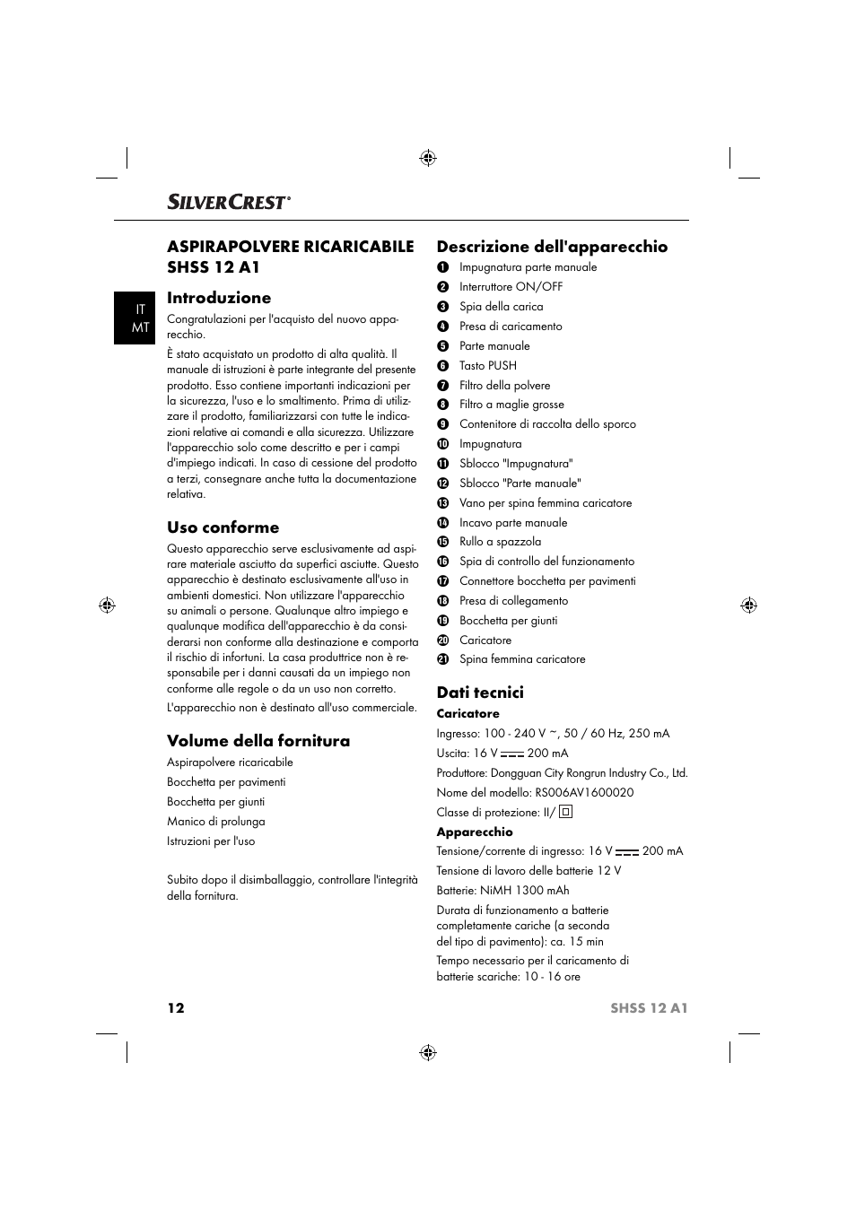 Aspirapolvere ricaricabile shss 12 a1 introduzione, Uso conforme, Volume della fornitura | Descrizione dell'apparecchio, Dati tecnici | Silvercrest SHSS 12 A1 User Manual | Page 15 / 53