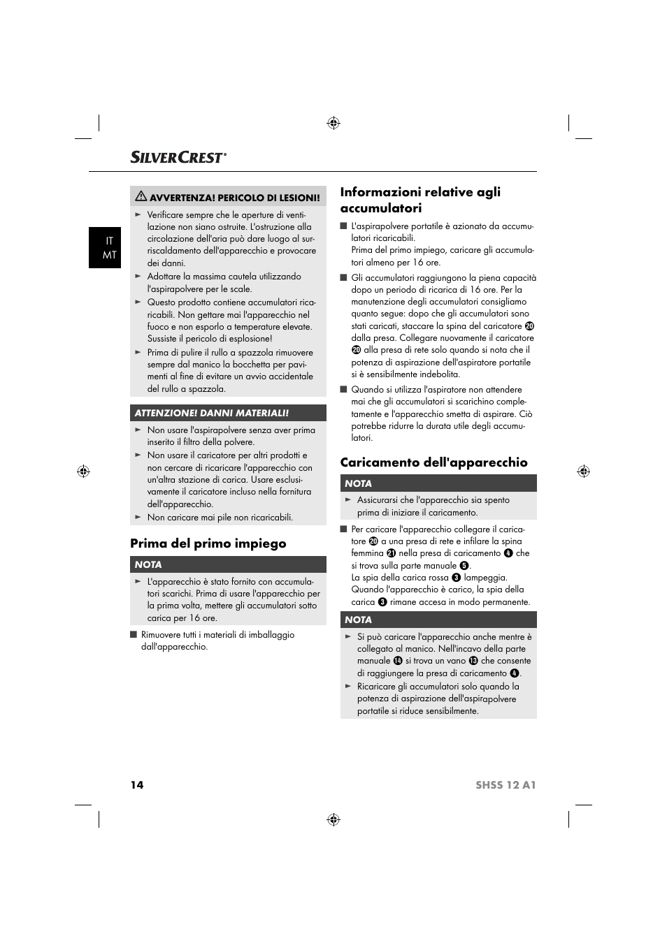 Prima del primo impiego, Informazioni relative agli accumulatori, Caricamento dell'apparecchio | Silvercrest SHSS 12 A1 User Manual | Page 17 / 53