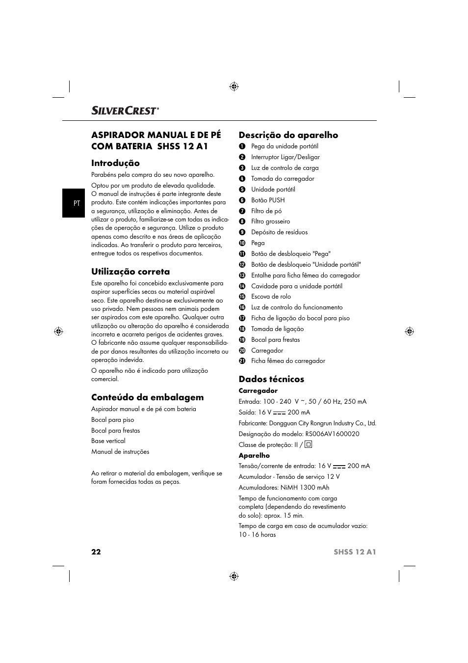 Utilização correta, Conteúdo da embalagem, Descrição do aparelho | Dados técnicos | Silvercrest SHSS 12 A1 User Manual | Page 25 / 53