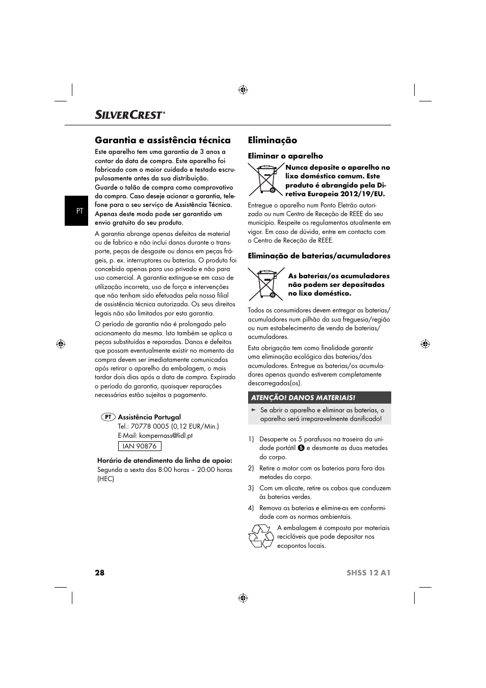 Garantia e assistência técnica, Eliminação | Silvercrest SHSS 12 A1 User Manual | Page 31 / 53