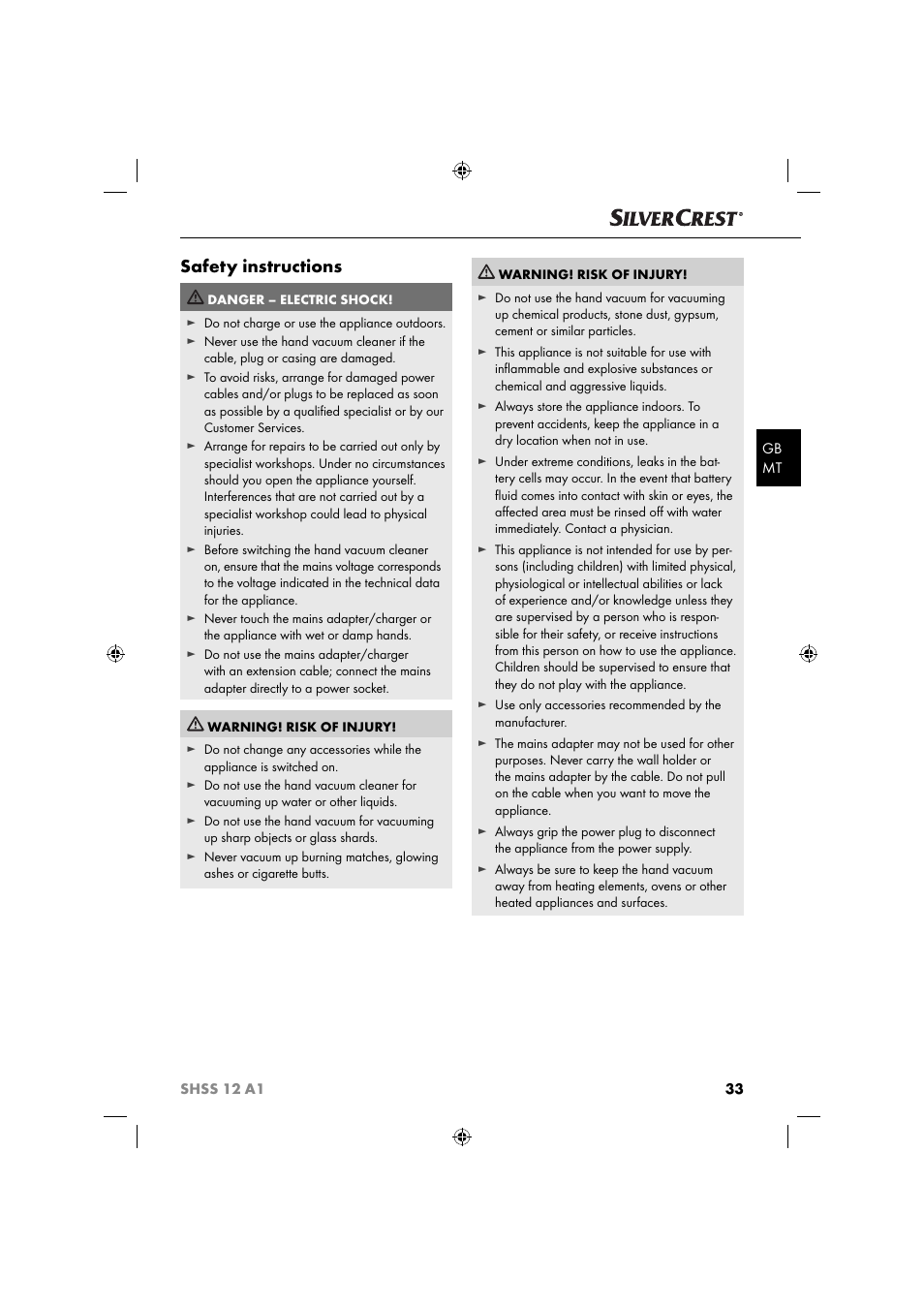 Safety instructions | Silvercrest SHSS 12 A1 User Manual | Page 36 / 53