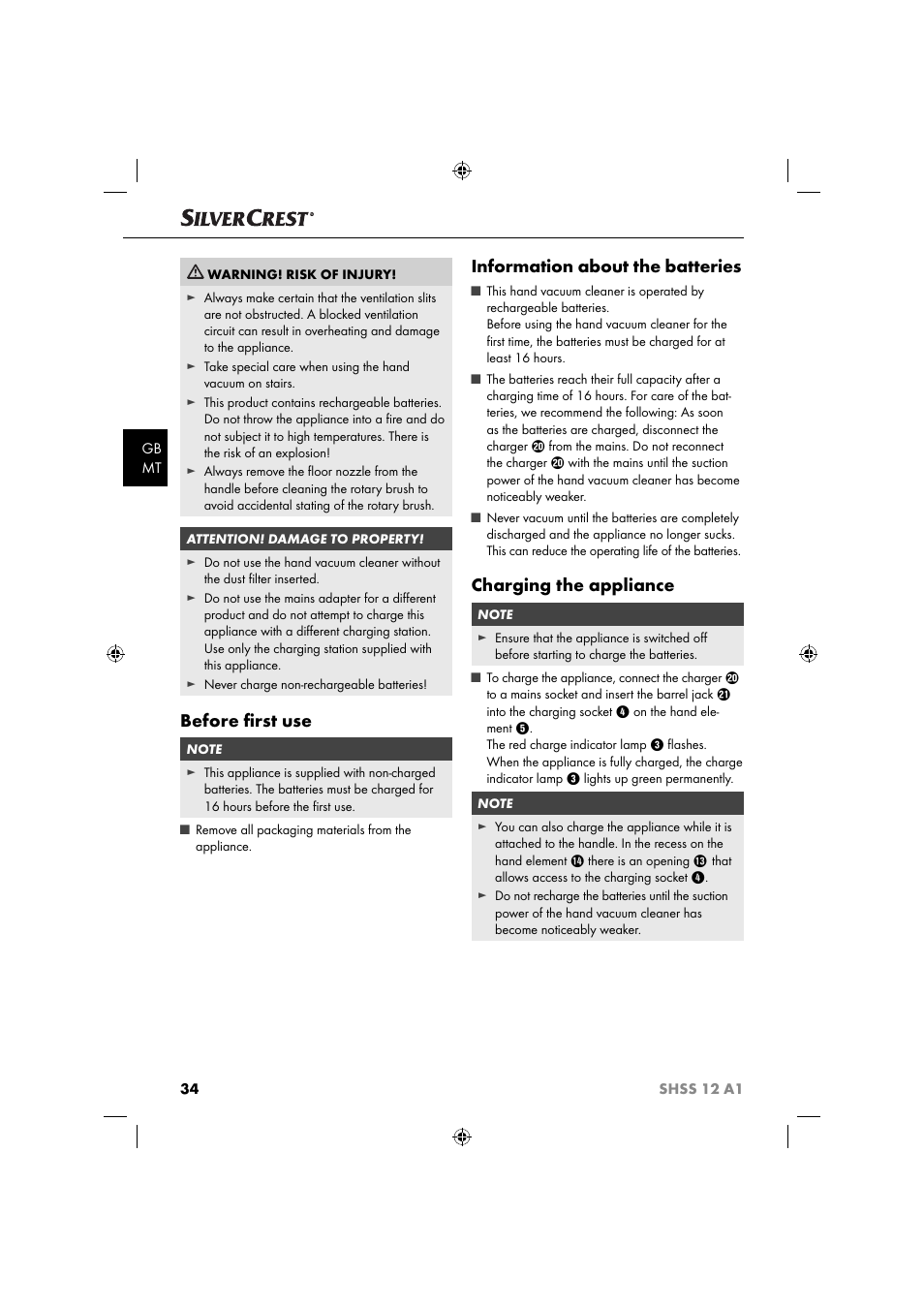 Before ﬁ rst use, Information about the batteries, Charging the appliance | Silvercrest SHSS 12 A1 User Manual | Page 37 / 53