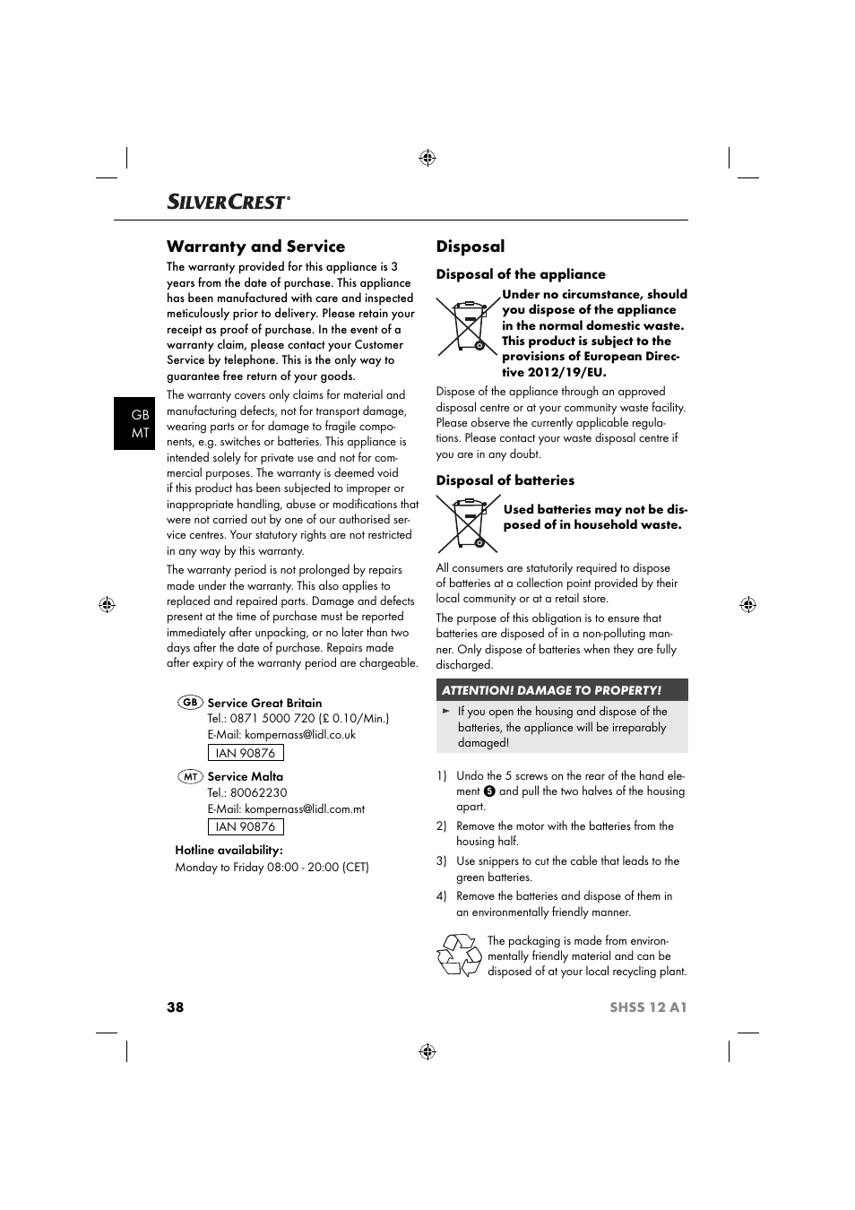 Warranty and service, Disposal | Silvercrest SHSS 12 A1 User Manual | Page 41 / 53