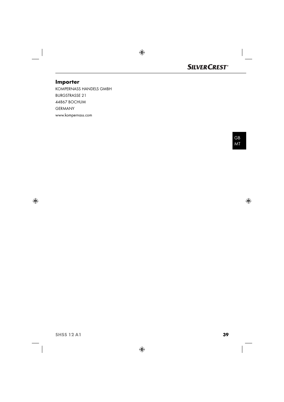 Importer | Silvercrest SHSS 12 A1 User Manual | Page 42 / 53