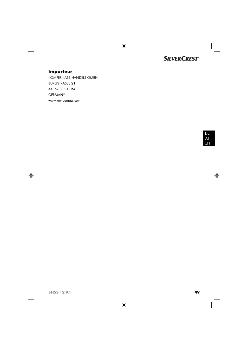 Importeur | Silvercrest SHSS 12 A1 User Manual | Page 52 / 53