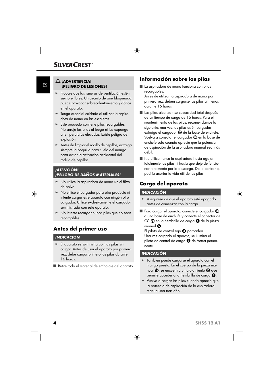 Antes del primer uso, Información sobre las pilas, Carga del aparato | Silvercrest SHSS 12 A1 User Manual | Page 7 / 53