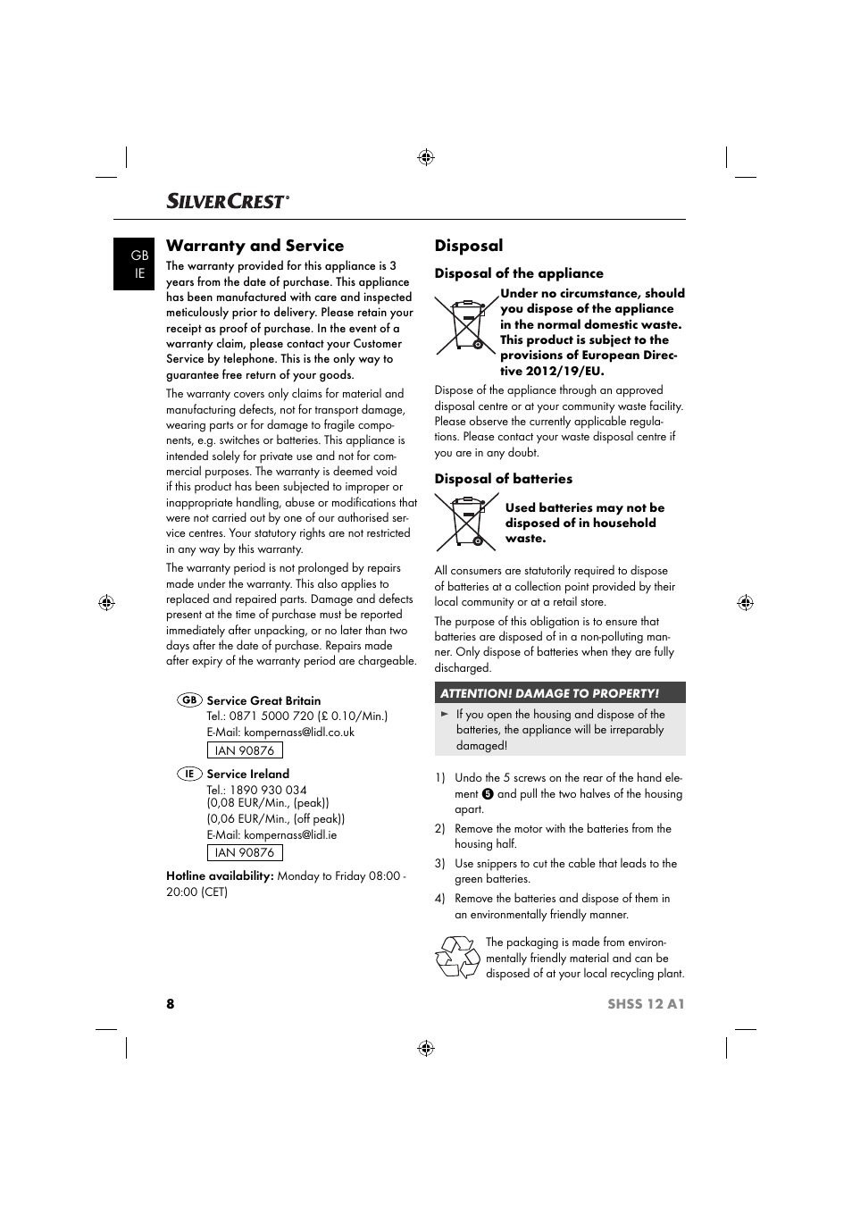 Warranty and service, Disposal | Silvercrest SHSS 12 A1 User Manual | Page 11 / 53