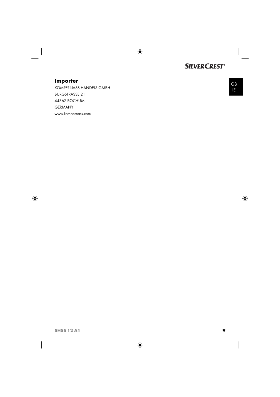 Importer | Silvercrest SHSS 12 A1 User Manual | Page 12 / 53