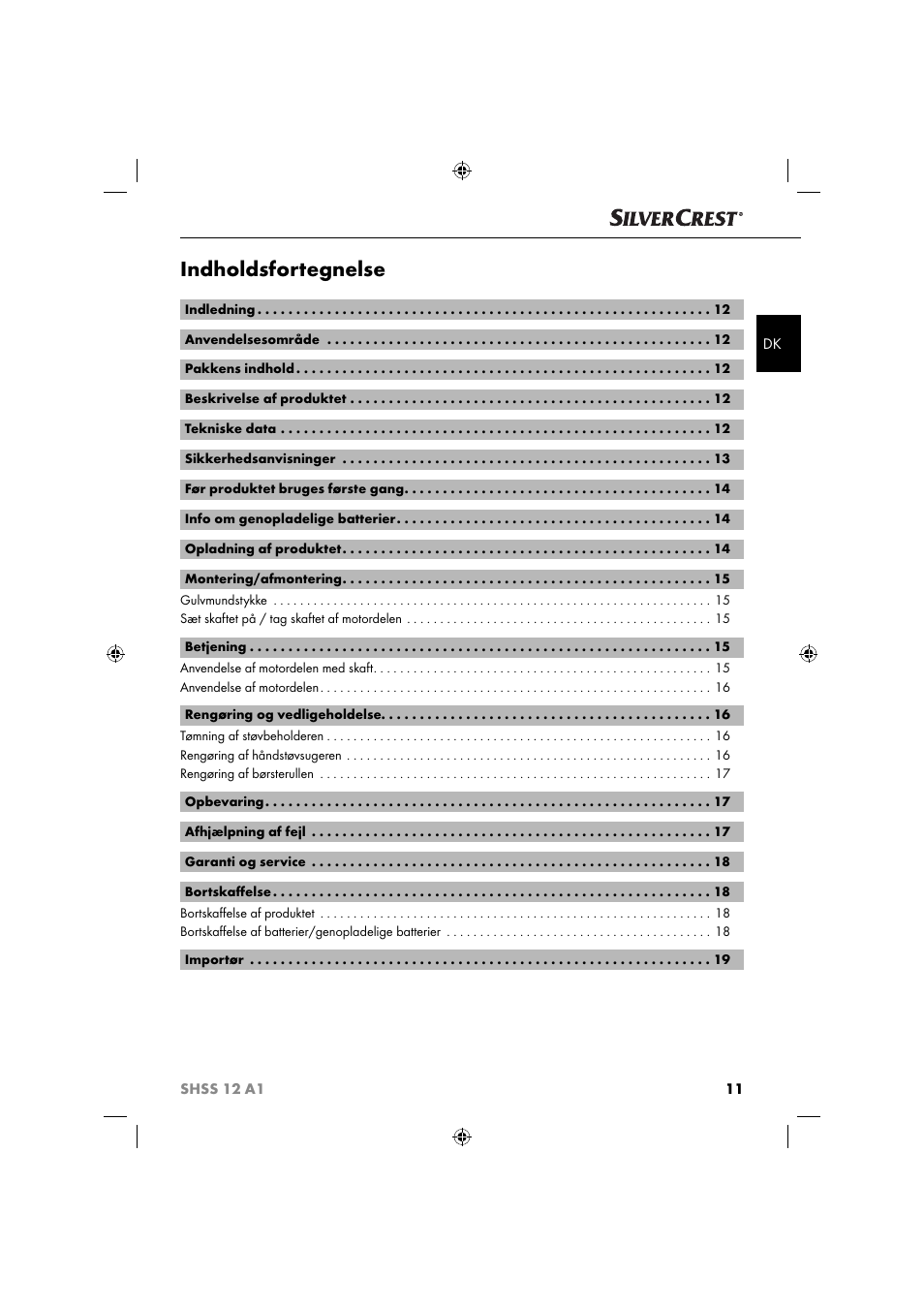 Indholdsfortegnelse | Silvercrest SHSS 12 A1 User Manual | Page 14 / 53