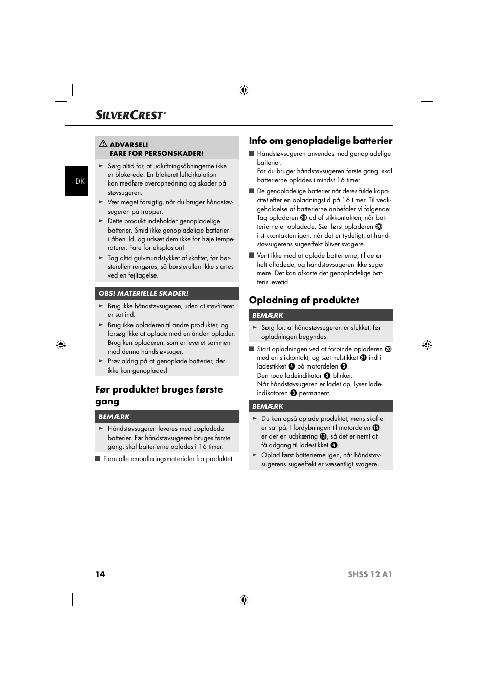 Før produktet bruges første gang, Info om genopladelige batterier, Opladning af produktet | Silvercrest SHSS 12 A1 User Manual | Page 17 / 53