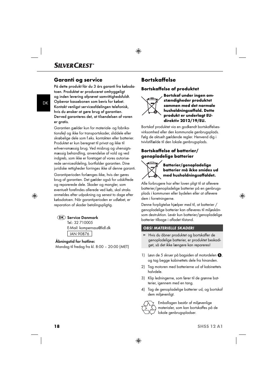 Garanti og service, Bortskaﬀ else | Silvercrest SHSS 12 A1 User Manual | Page 21 / 53