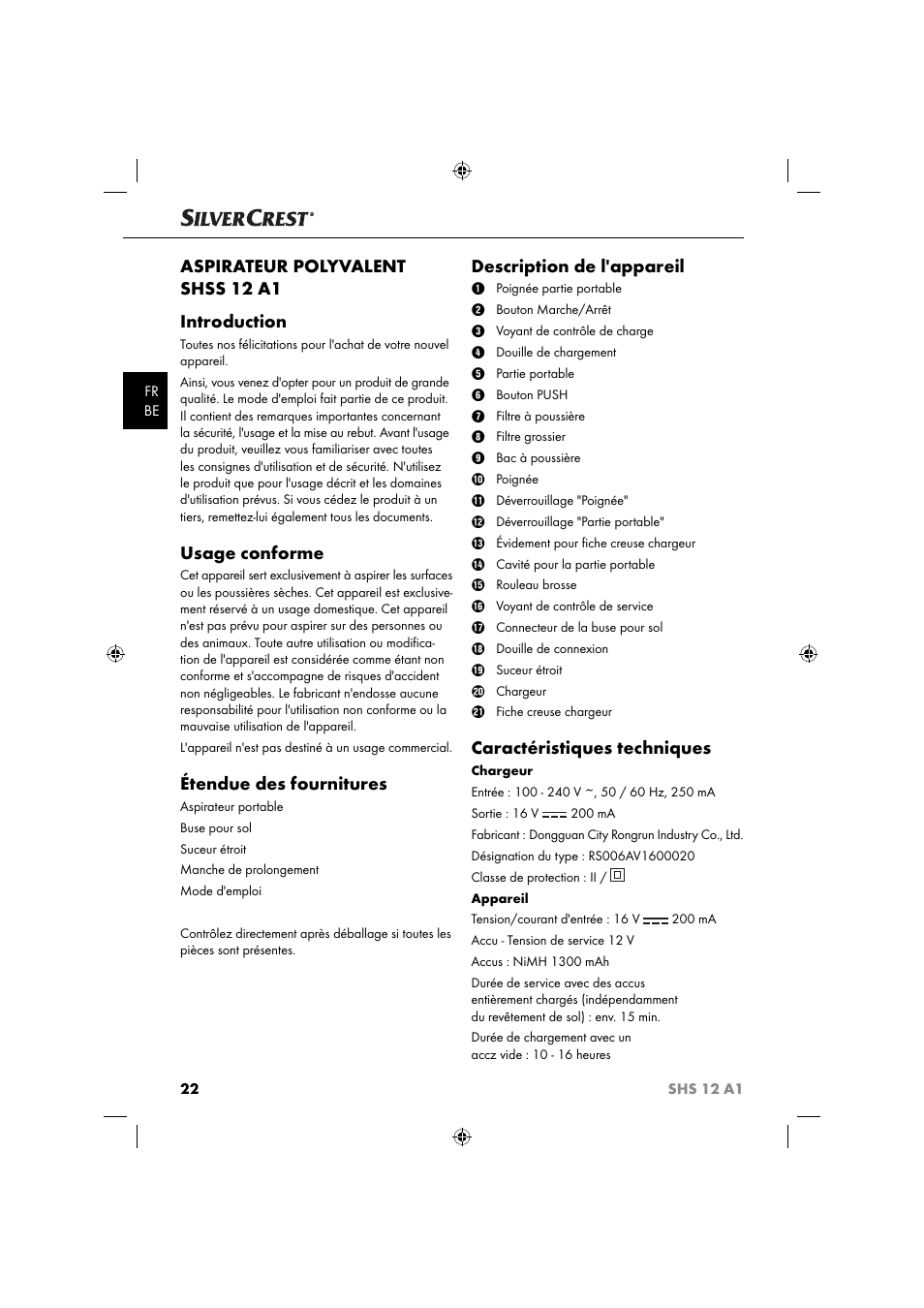 Aspirateur polyvalent shss 12 a1 introduction, Usage conforme, Étendue des fournitures | Description de l'appareil, Caractéristiques techniques | Silvercrest SHSS 12 A1 User Manual | Page 25 / 53