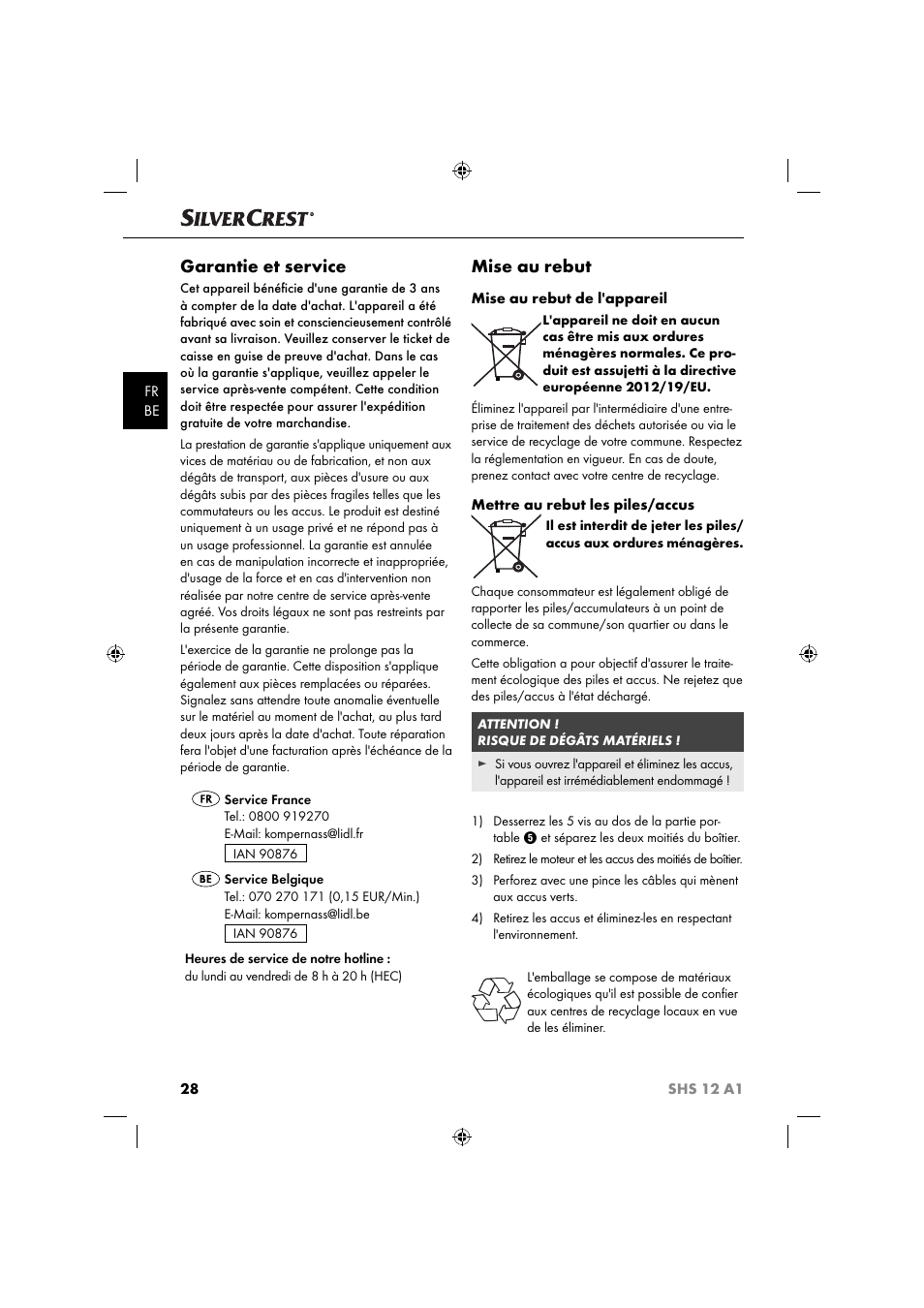 Garantie et service, Mise au rebut | Silvercrest SHSS 12 A1 User Manual | Page 31 / 53