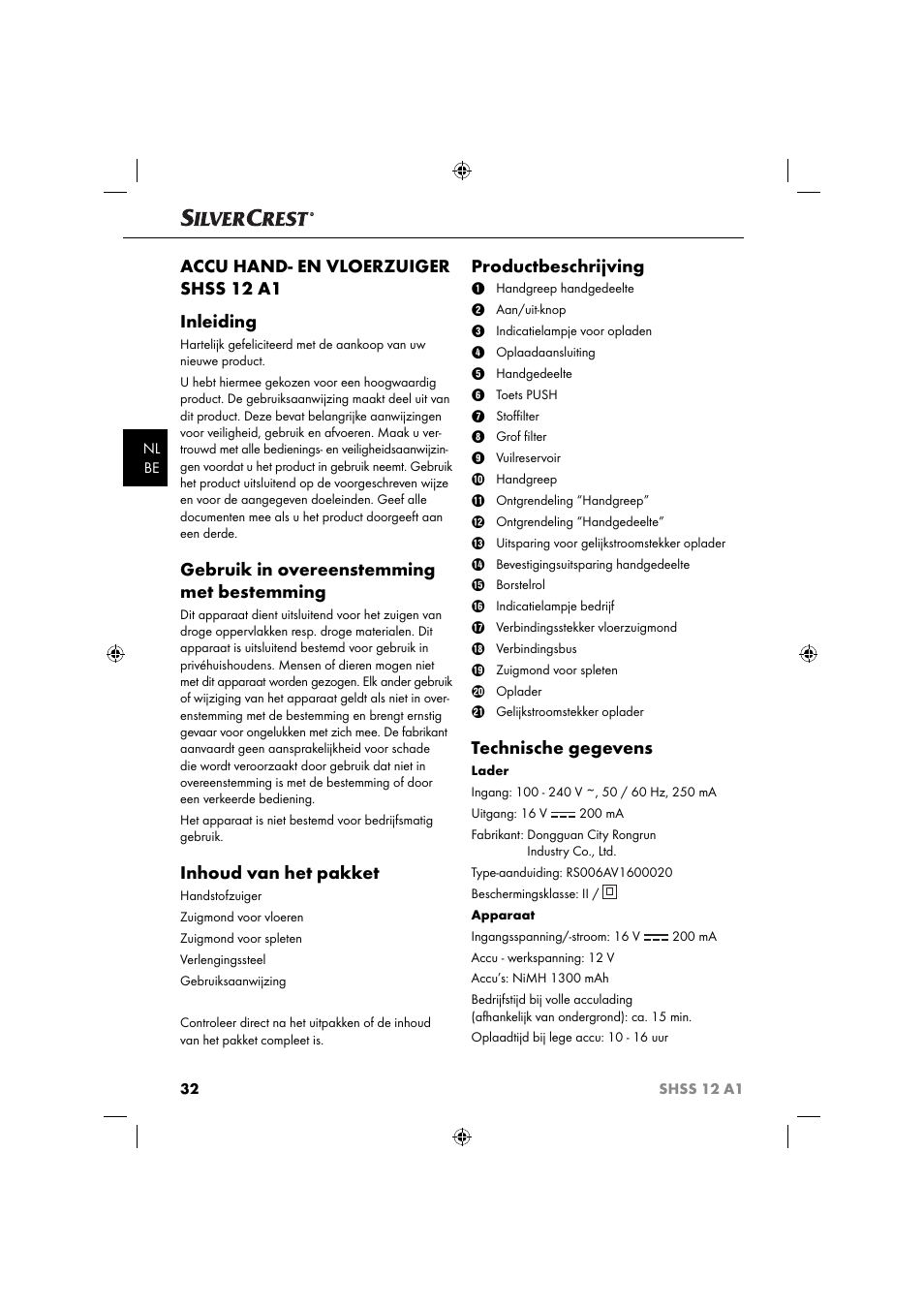 Accu hand- en vloerzuiger shss 12 a1 inleiding, Gebruik in overeenstemming met bestemming, Inhoud van het pakket | Productbeschrijving, Technische gegevens | Silvercrest SHSS 12 A1 User Manual | Page 35 / 53
