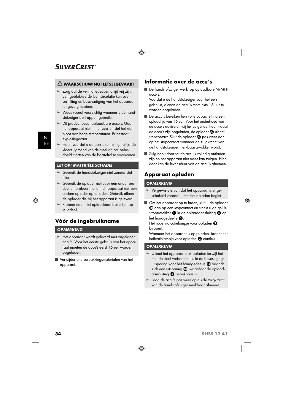 Vóór de ingebruikname, Informatie over de accu’s, Apparaat opladen | Silvercrest SHSS 12 A1 User Manual | Page 37 / 53