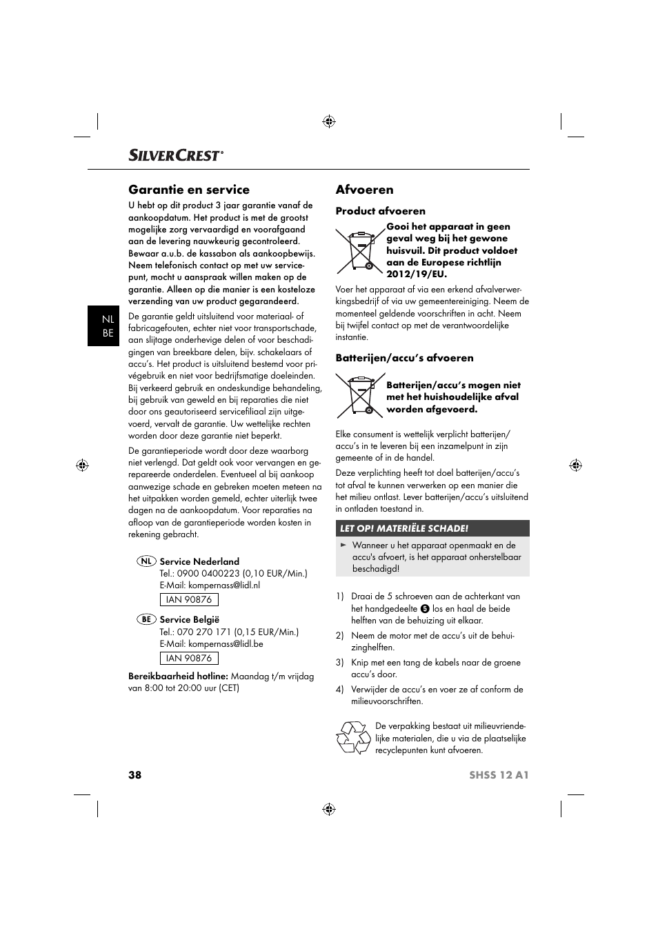 Garantie en service, Afvoeren | Silvercrest SHSS 12 A1 User Manual | Page 41 / 53