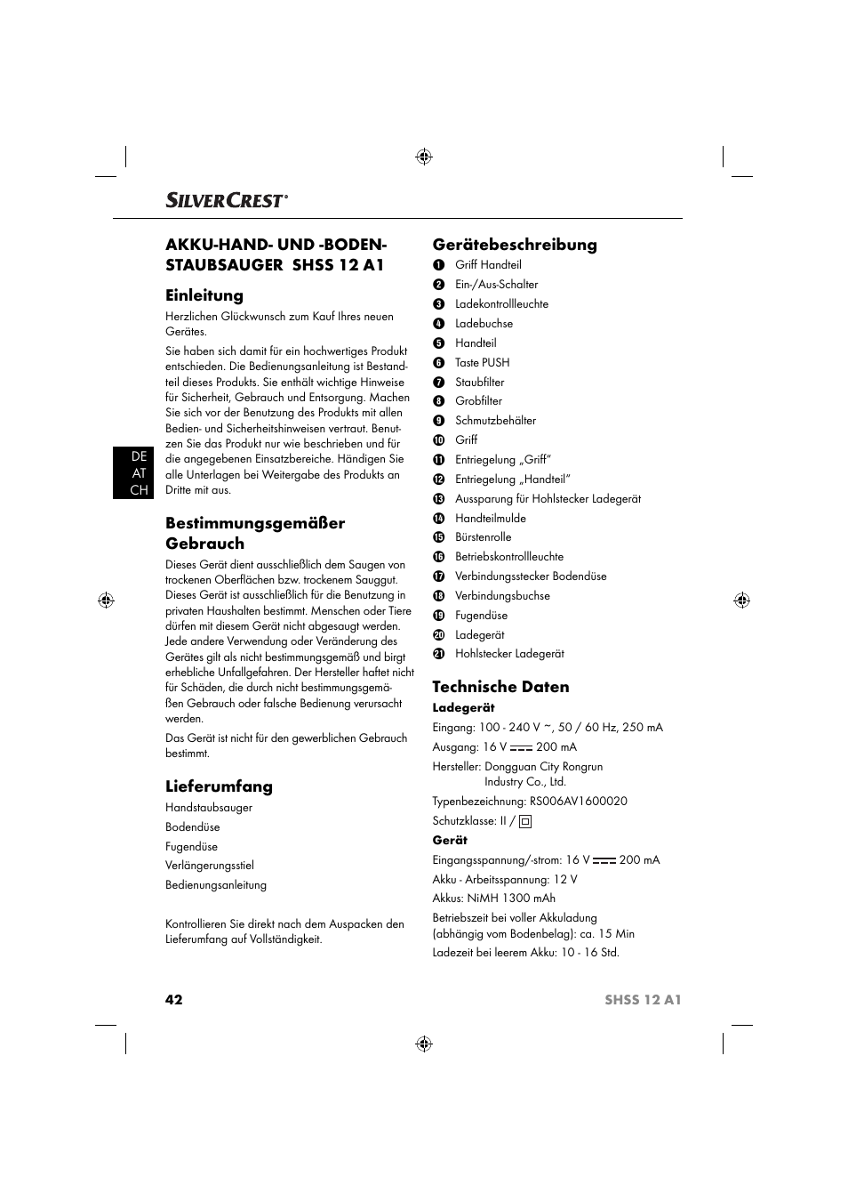 Bestimmungsgemäßer gebrauch, Lieferumfang, Gerätebeschreibung | Technische daten | Silvercrest SHSS 12 A1 User Manual | Page 45 / 53