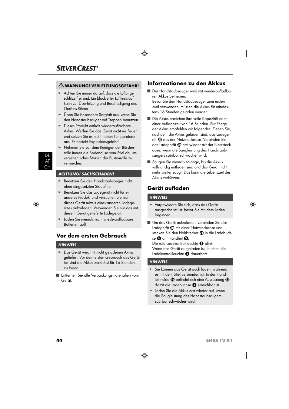 Vor dem ersten gebrauch, Informationen zu den akkus, Gerät auﬂ aden | Silvercrest SHSS 12 A1 User Manual | Page 47 / 53