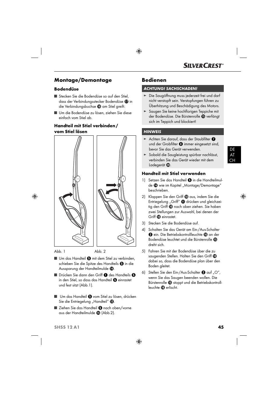 Montage/demontage, Bedienen | Silvercrest SHSS 12 A1 User Manual | Page 48 / 53