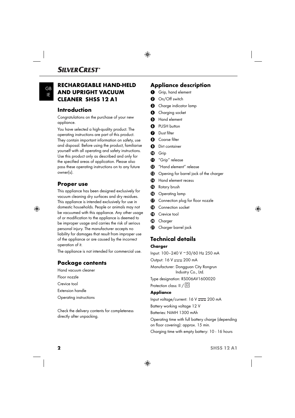 Proper use, Package contents, Appliance description | Technical details | Silvercrest SHSS 12 A1 User Manual | Page 5 / 53