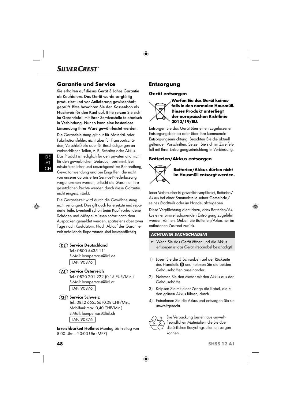 Garantie und service, Entsorgung | Silvercrest SHSS 12 A1 User Manual | Page 51 / 53