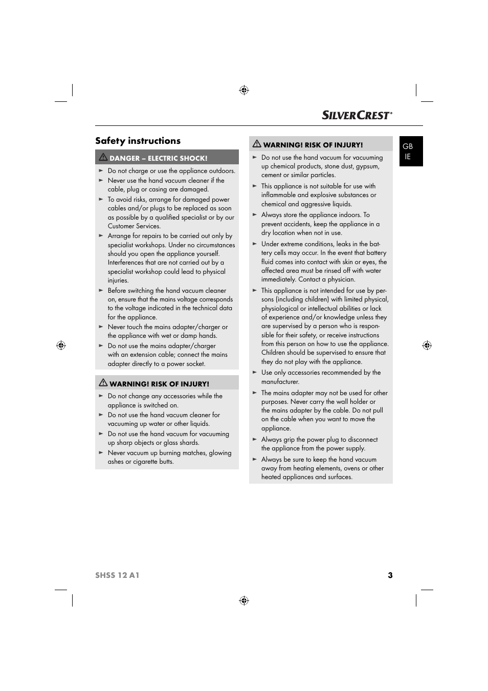 Safety instructions | Silvercrest SHSS 12 A1 User Manual | Page 6 / 53