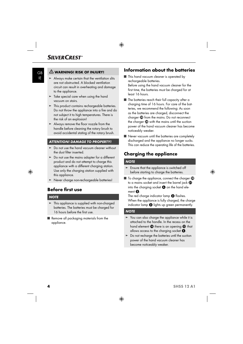 Before ﬁ rst use, Information about the batteries, Charging the appliance | Silvercrest SHSS 12 A1 User Manual | Page 7 / 53