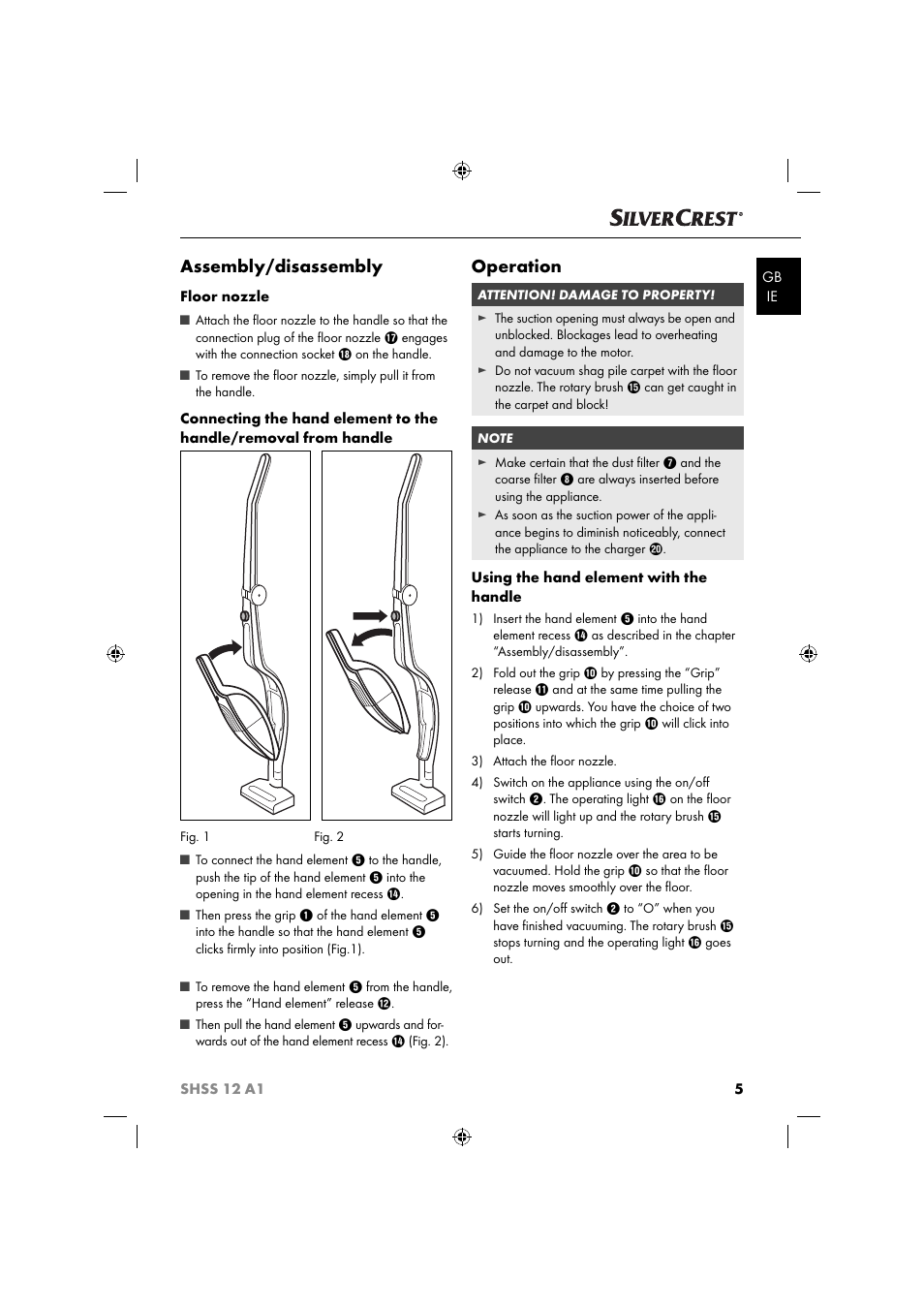 Assembly/disassembly, Operation | Silvercrest SHSS 12 A1 User Manual | Page 8 / 53