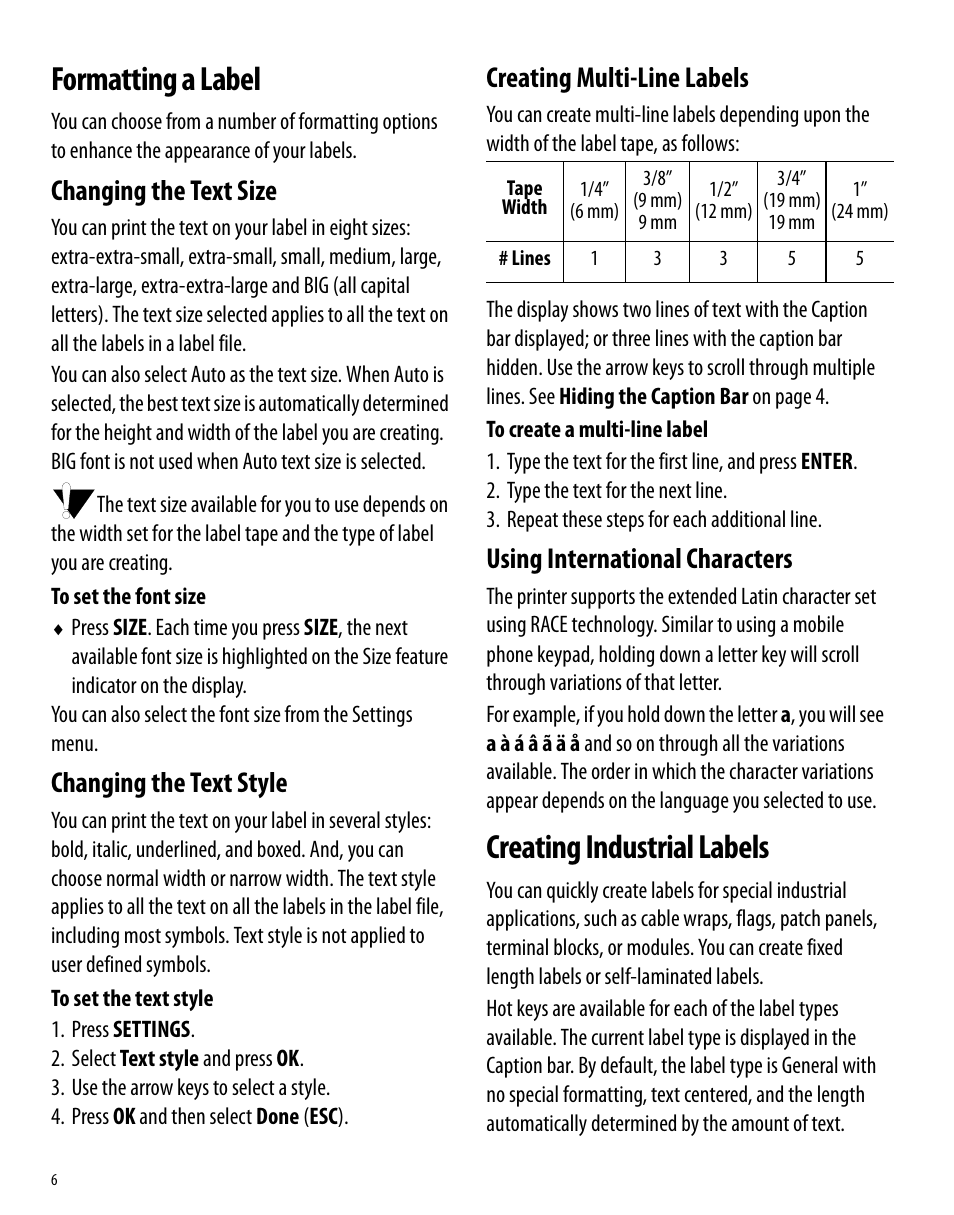 Formatting a label, Changing the text size, Changing the text style | Creating multi-line labels, Using international characters, Creating industrial labels, Changing the text size changing the text style | Dymo 6000 User Manual | Page 12 / 32