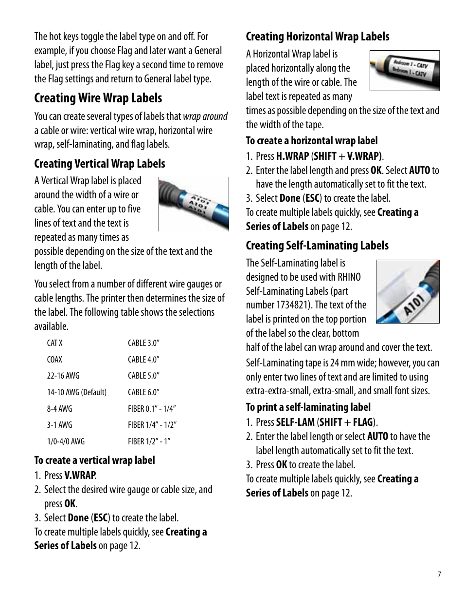 Creating wire wrap labels, Creating vertical wrap labels, Creating horizontal wrap labels | Creating self-laminating labels | Dymo 6000 User Manual | Page 13 / 32