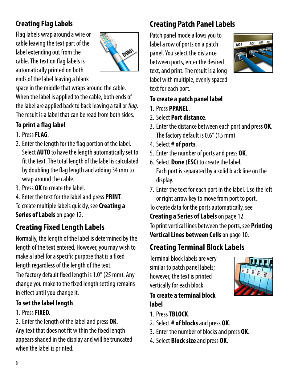 Creating flag labels, Creating fixed length labels, Creating patch panel labels | Creating terminal block labels | Dymo 6000 User Manual | Page 14 / 32