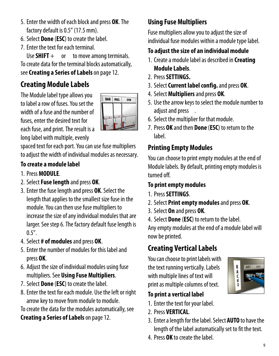 Creating module labels, Using fuse multipliers, Printing empty modules | Creating vertical labels, Using fuse multipliers printing empty modules | Dymo 6000 User Manual | Page 15 / 32