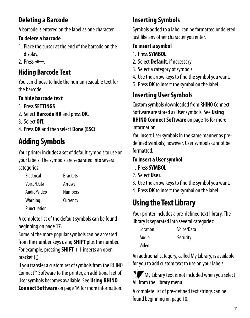 Deleting a barcode, Hiding barcode text, Adding symbols | Inserting symbols, Inserting user symbols, Using the text library, Deleting a barcode hiding barcode text, Inserting symbols inserting user symbols | Dymo 6000 User Manual | Page 17 / 32