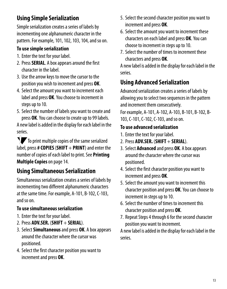 Using simple serialization, Using simultaneous serialization, Using advanced serialization | Dymo 6000 User Manual | Page 19 / 32