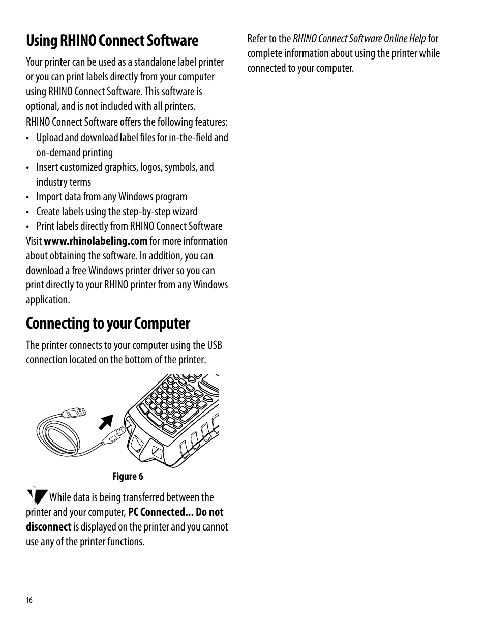 Using rhino connect software, Connecting to your computer | Dymo 6000 User Manual | Page 22 / 32