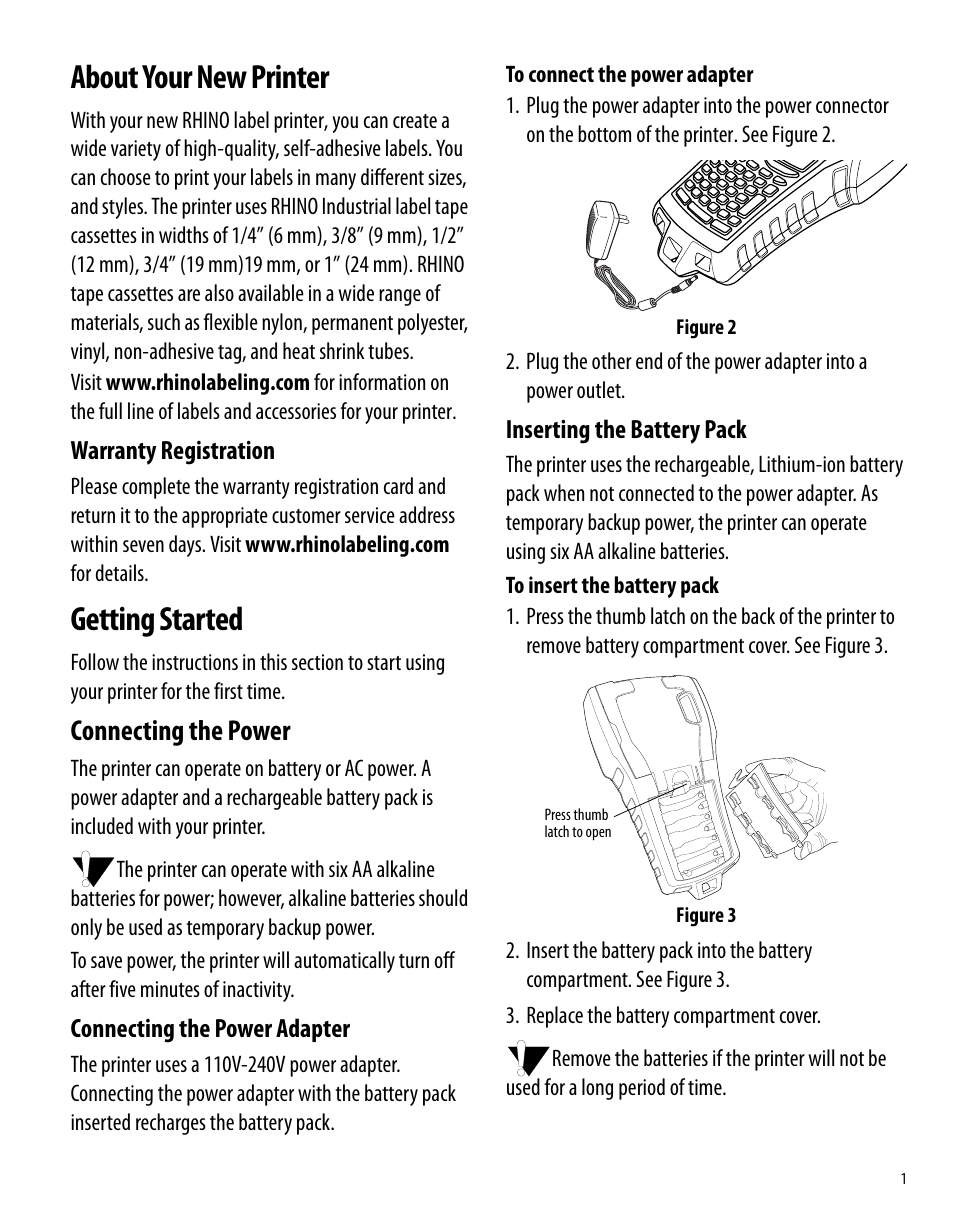 About your new printer, Getting started, Connecting the power | Connecting the power adapter, Inserting the battery pack, About your new printer getting started | Dymo 6000 User Manual | Page 7 / 32