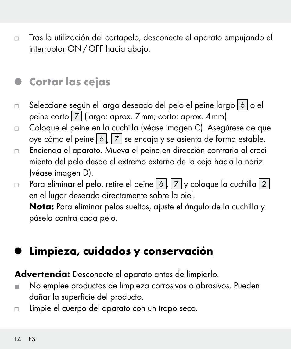 Cortar las cejas, Limpieza, cuidados y conservación | Silvercrest Z31635 User Manual | Page 14 / 56