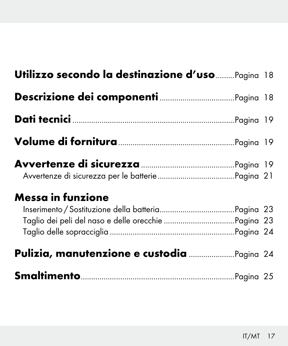 Utilizzo secondo la destinazione d’uso, Descrizione dei componenti, Dati tecnici | Volume di fornitura, Avvertenze di sicurezza, Messa in funzione, Pulizia, manutenzione e custodia, Smaltimento | Silvercrest Z31635 User Manual | Page 17 / 56