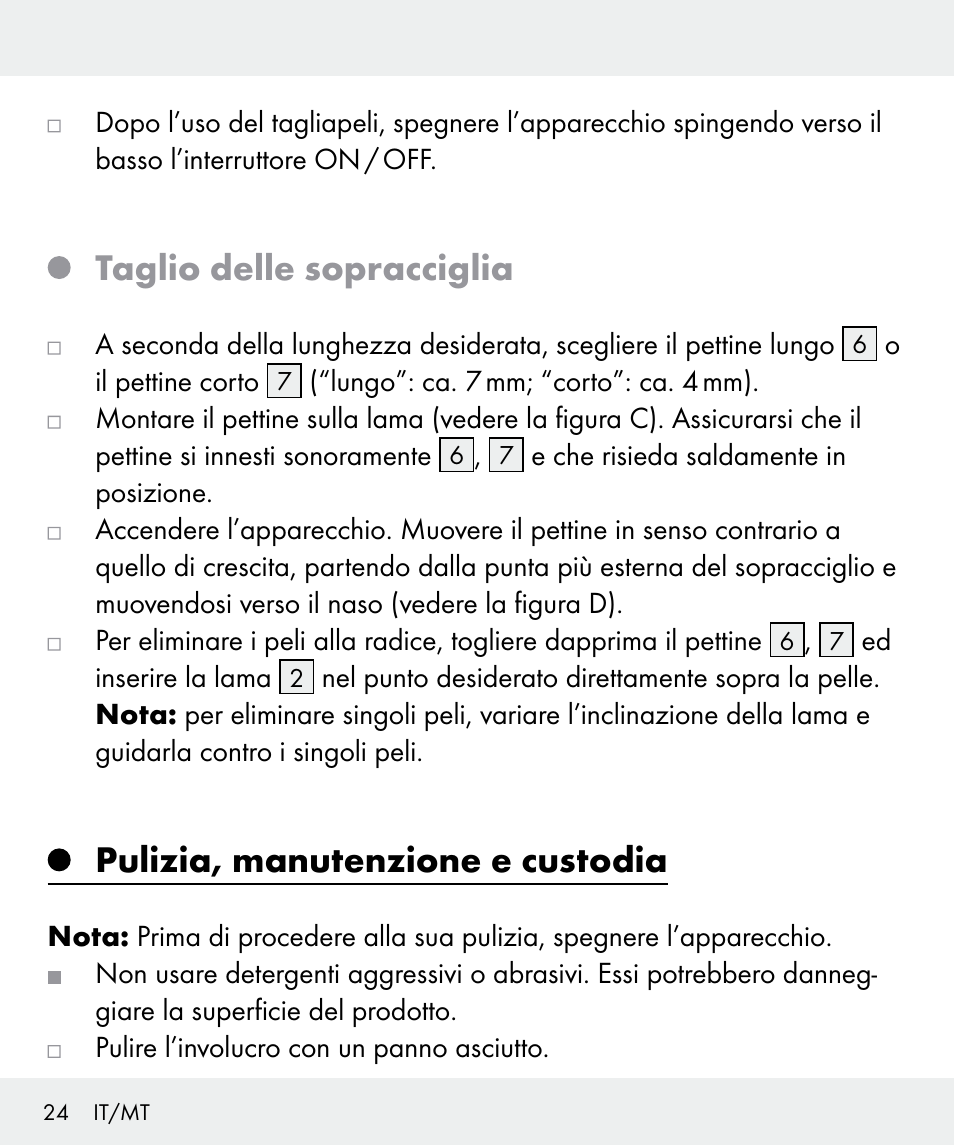 Taglio delle sopracciglia, Pulizia, manutenzione e custodia | Silvercrest Z31635 User Manual | Page 24 / 56
