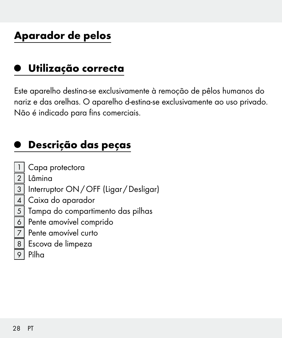 Aparador de pelos utilização correcta, Descrição das peças | Silvercrest Z31635 User Manual | Page 28 / 56